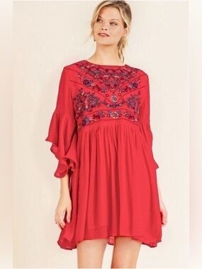 Umgee Boho Bliss Embroidered Waterfall Ruffle Bell Sleeve Baby Doll Dress XL USA